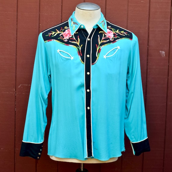 1950s Turquoise And Black Floral Chainstitch Embro