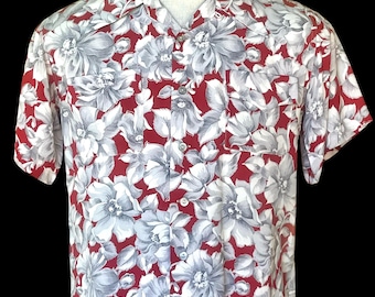 Röd rayonskjorta med hibiskustryck och aloha-/hawaiiskjorta från tidigt 50-tal från Ashfield Duke Of Hollywood