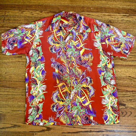 Rare 1950s Red Rayon Kamehameha Floral Border Prin
