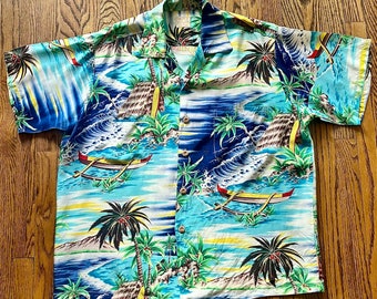 1950s Silky Rayon Scenic Outrigger And Surfboard Print Hawaiian / Aloha Shirt By Pali Large