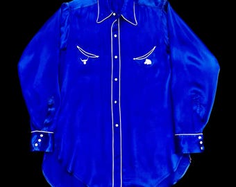 Blå Levi Strauss Rodeo westernskjorta i satin från slutet av 30-talet/tidigt 40-tal, S