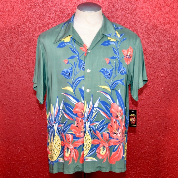 1950s Rayon Duke Kahanamoku Pineapple Border Print