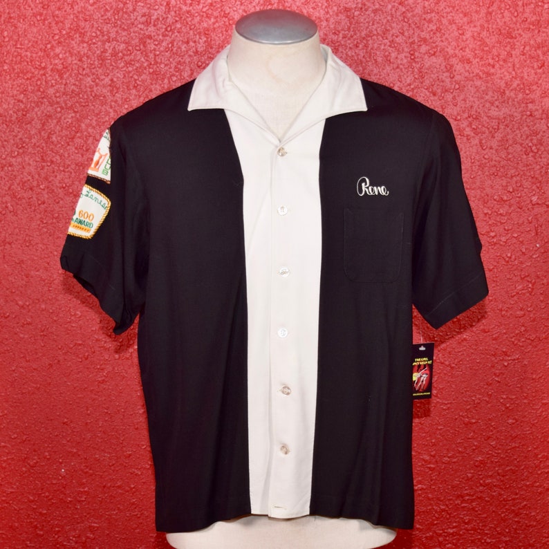 Late 1950s / Early 1960s Black And White Two Tone Chainstich Embroidered CBS Records Bowling Shirt. image 2
