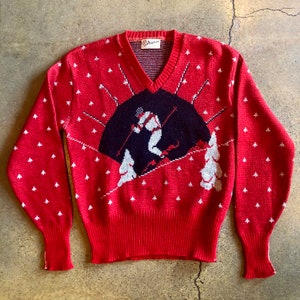 Große 1950er Jahre rot weiß und blau Wolle Bild stricken Ski Pullover von Puritan groß