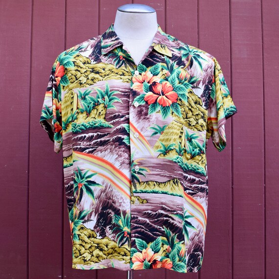 Late 50s Rayon Scenic Print Pali Hawaiian / Aloha