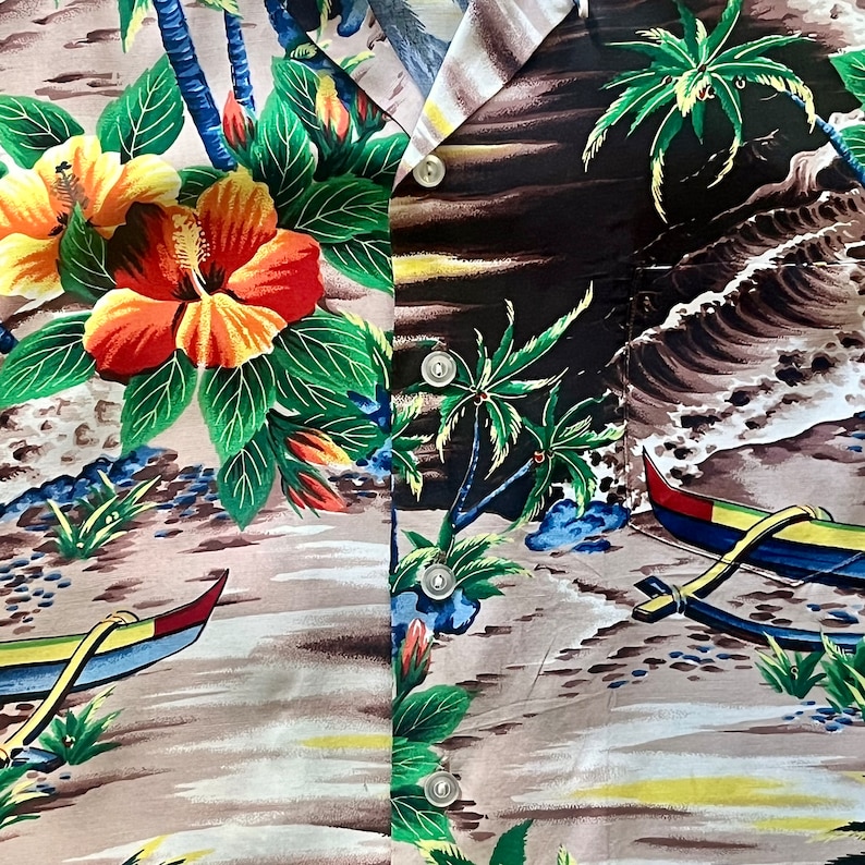 1950s Rayon Scenic Outrigger And Hibiscus Print Hawaiian / Aloha Shirt By Pali Medium image 3