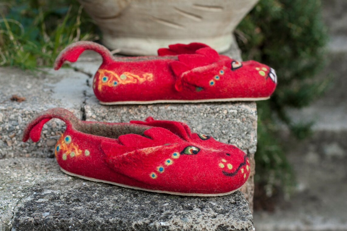 Felt Red Dragons Slippers Ecofriendly Made to ORDER/ Handmade Fantasy