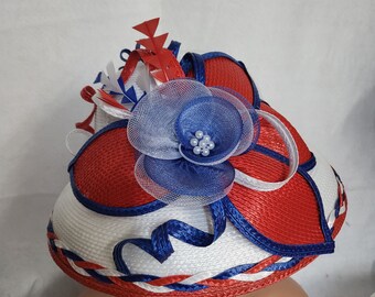 Elevate your patriotic spirit with our stunning custom handmade red, white, and blue lampshade-style hat