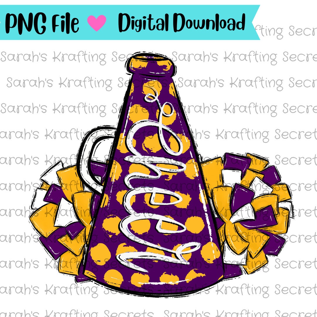 Purple & Gold Cheer Megaphone Pom Pom PNG Sublimation Design Cheer PNG