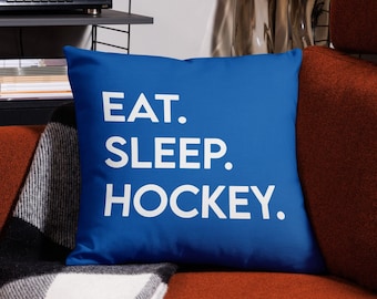 Blue Eat Sleep Hockey Pillow, Hockey Room, Hockey Fan Gifts, Hockey Decor, Hockey Pillows, Hockey Quote Pillow