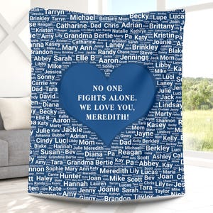 May include: A navy blue throw blanket with a heart-shaped design in the center, featuring the text "NO ONE FIGHTS ALONE. WE LOVE YOU, MEREDITH!" surrounded by names. The blanket is displayed in a living room setting.