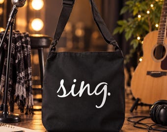 Sing Adjustable Tote Bag With Pockets, Singer Tote Bag, Music Lover Gift, Singing Gift, Music Teacher Tote, Choir Gift, Music Student Bag