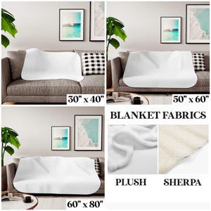 May include: White blankets in three sizes: 30" x 40", 50" x 60", and 60" x 80". The image shows the blankets draped over a gray sofa. The text "BLANKET FABRICS" is displayed, with examples of Plush and Sherpa materials.