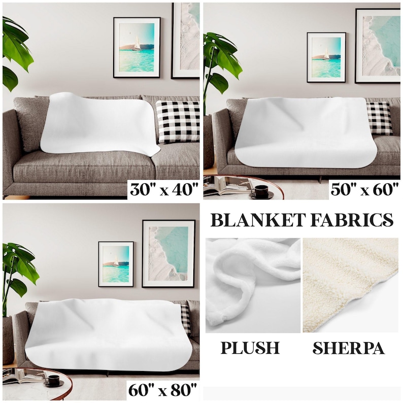 May include: White blankets in three sizes: 30" x 40", 50" x 60", and 60" x 80". The image shows the blankets draped over a gray sofa. The text "BLANKET FABRICS" is displayed, with examples of Plush and Sherpa materials.