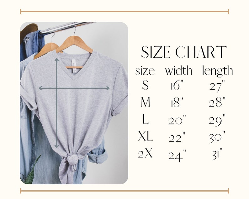 May include: A light gray V-neck t-shirt hanging on a wooden hanger, with a size chart to the right. The size chart lists sizes S to 2X, with corresponding width and length measurements in inches. The shirt is styled with a knot at the bottom.