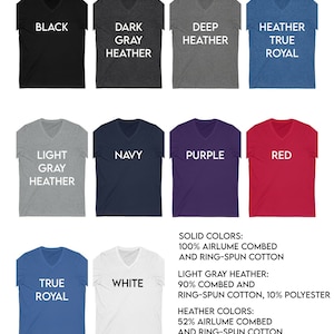 May include: A graphic showcasing a variety of unisex V-neck t-shirts in various colors, including black, dark gray heather, deep heather, heather true royal, light gray heather, navy, purple, red, true royal, and white. The text indicates the fabric composition.