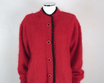 Vintage 80s Vanesha Angora Cardigan, Red with Black Edging, Size Large
