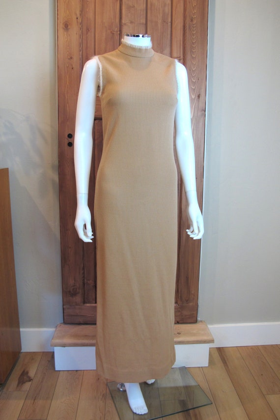 Vintage 60s/70s Beige Tan Ribbed Pencil Dress wit… - image 6