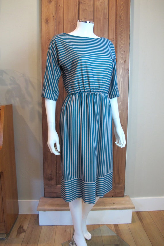 Vintage 70s/80s Lady Carol Teal and Tan Striped P… - image 2