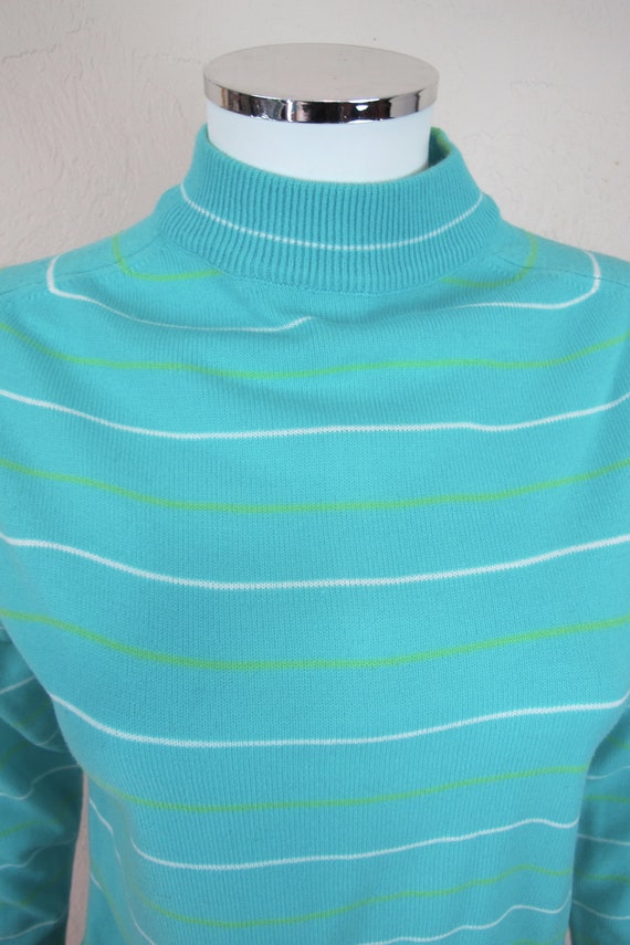 Vintage 70s Teal Sweater with Lime Green and Whit… - image 2