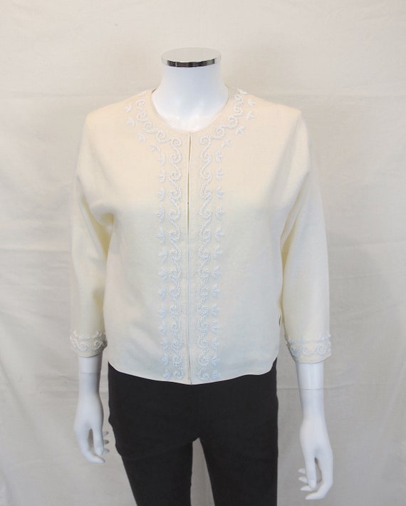 Gorgeous Vintage 50s Sweet Angora Beaded Ivory Ca… - image 3