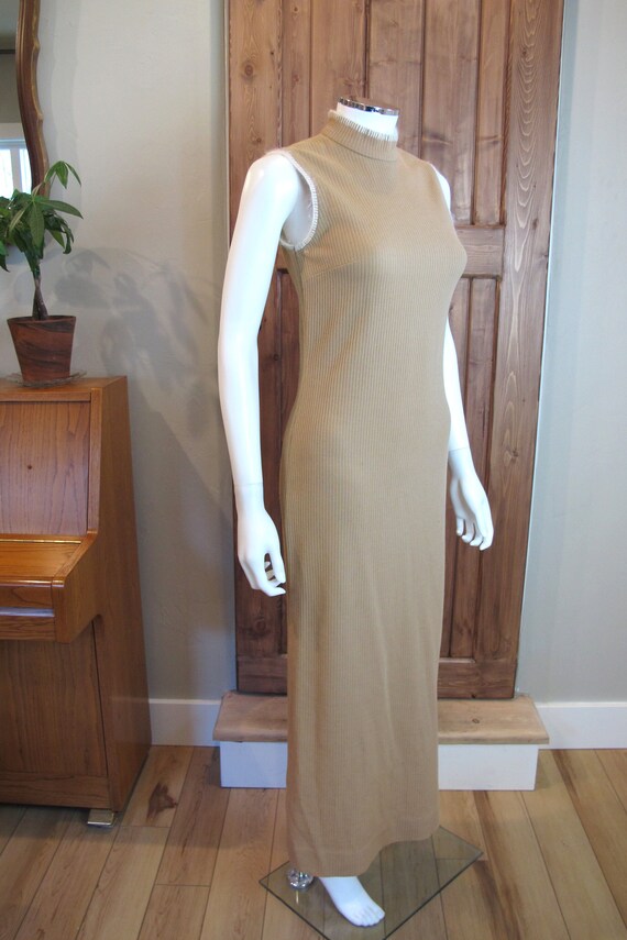 Vintage 60s/70s Beige Tan Ribbed Pencil Dress wit… - image 9