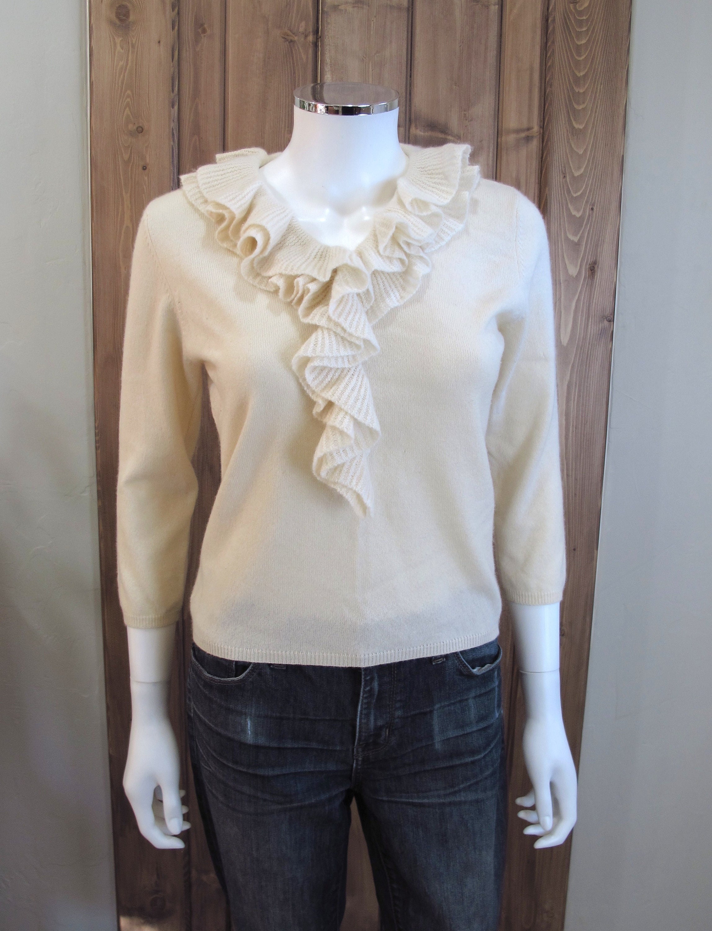Cashmere Ivory Ruffled V-neck Pullover 