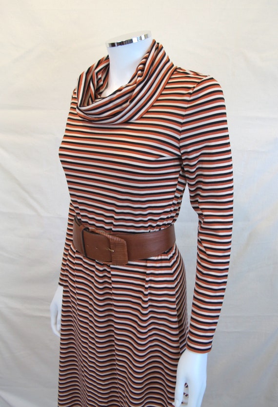 Vintage 70s Striped Copper Cowl Neck Simple Dress - image 3