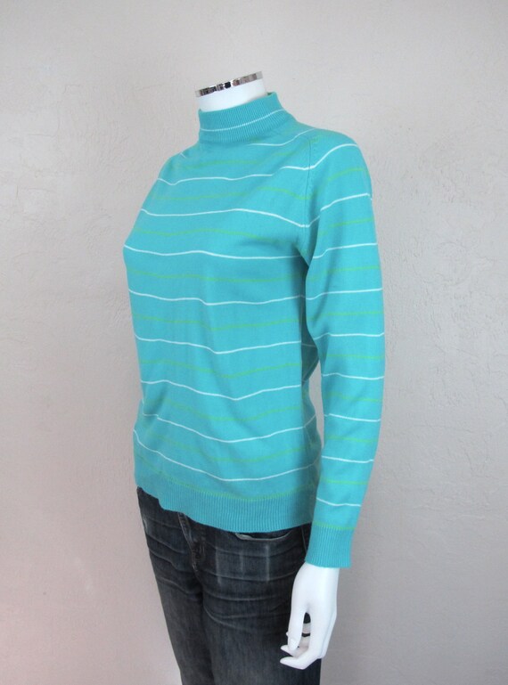 Vintage 70s Teal Sweater with Lime Green and Whit… - image 3