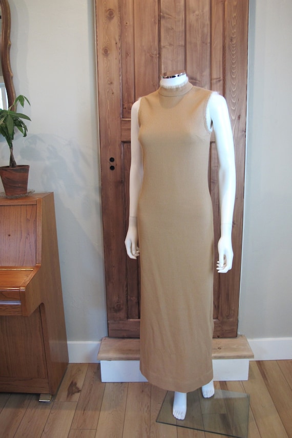 Vintage 60s/70s Beige Tan Ribbed Pencil Dress wit… - image 1