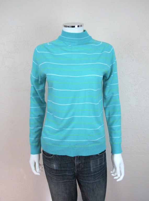 Vintage 70s Teal Sweater with Lime Green and White