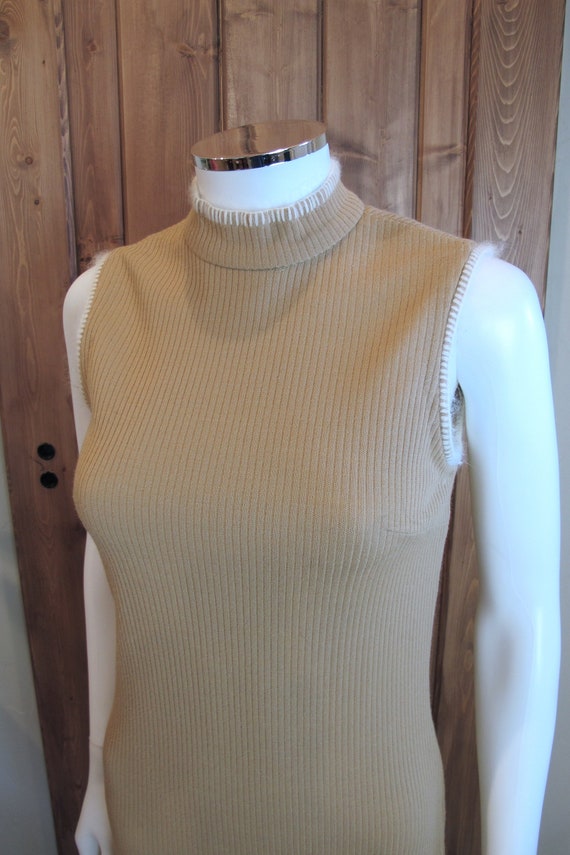 Vintage 60s/70s Beige Tan Ribbed Pencil Dress wit… - image 3