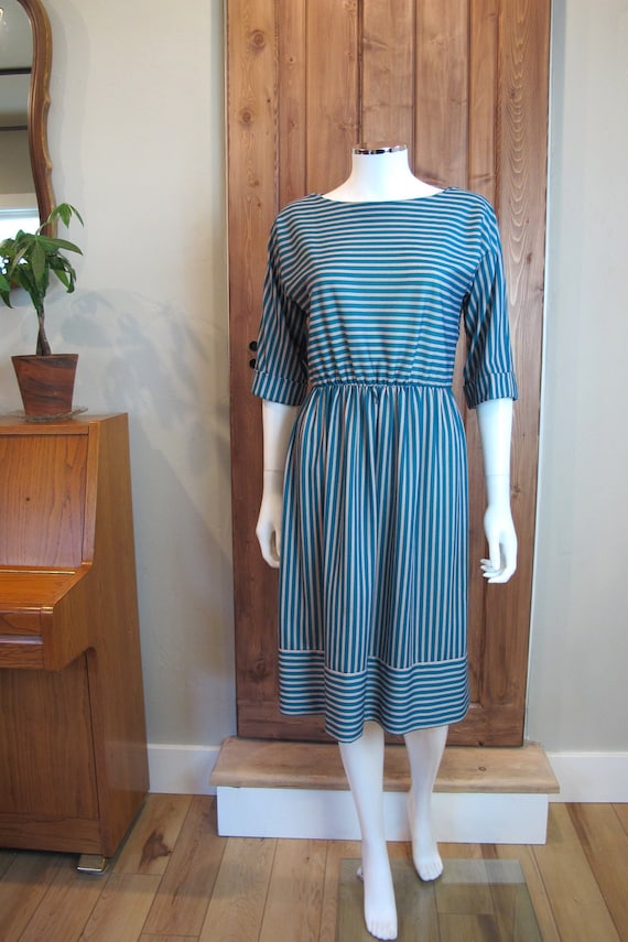 Vintage 70s/80s Lady Carol Teal and Tan Striped P… - image 1