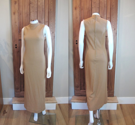 Vintage 60s/70s Beige Tan Ribbed Pencil Dress wit… - image 2