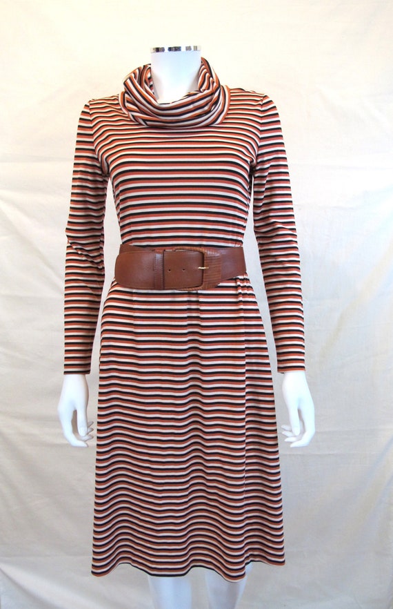 Vintage 70s Striped Copper Cowl Neck Simple Dress