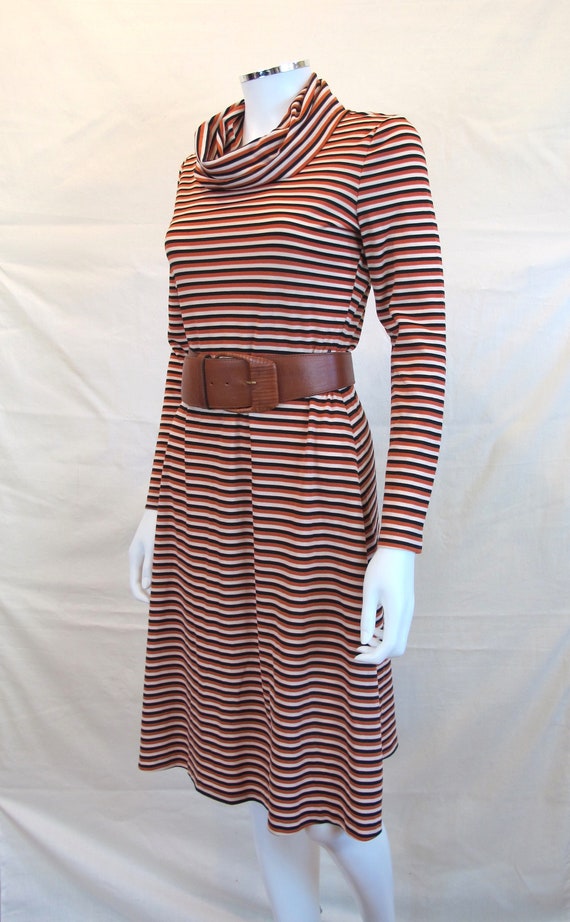 Vintage 70s Striped Copper Cowl Neck Simple Dress - image 2