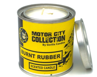 Burnt Rubber Scented Candle - Car Guy Themed Candles - Motor City Candles, 8 ounce Soy Wax Paint Can Candle