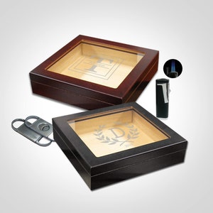 Groomsmen Cigar Box Wooden, Cigar and Lighter Accessories, Groomsman Cigar Cutter, Small Humidor with Glass, Personalized Cigar Box for Him