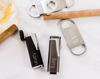 Cigar Cutter And Lighter Set, Cigar Cutter Personalized, Silver Cigar Cutter, Custom Cigar Lighter, Humidor Accessory, Triple Flame Lighter