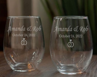 Stemless Wine Glasses, Wedding Day Wine Glass for Couple, Anniversary Gift for Parents, Wine Gift for Wife Birthday, Mr and Mrs Wine Glass