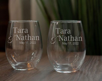 Wedding Stemless Wine Glasses, Wedding Day Wine Glass, Anniversary Gift for Parents, Wine Gift for Wife Birthday, His and Her Wine Glasses