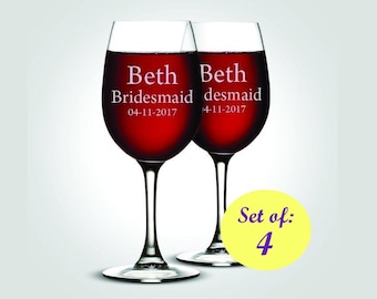 Bridal Party Wine Glasses, Maid of Honor Gifts, Personalised Wedding Gift for Bride, Wedding Shower Gifts from Bridesmaid, Set of 4 Glasses