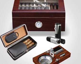 Personalised Cigar Humidor Set, Cigar Travel Case, Personalized Anniversary Gift for Him, Cigar Box, Torch Lighter, Anniversary Gift for Men
