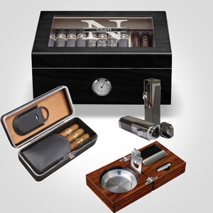 Black Humidor Bundle, Gifts for Groomsmen, Best Groomsman Gifts, Cigar Box with Ashtray, Cigar Lighter, Travel Cigar Case, Wedding Favors