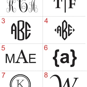 Może przedstawiać: Siatka ośmiu czarnych wzor&oacute;w monogram&oacute;w. Wzory obejmują stylizowane litery, takie jak "KCA", "T|F", "ABE", "MAE", "{a}", "K" w okręgu i "W". Każdy wz&oacute;r znajduje się na białym tle.