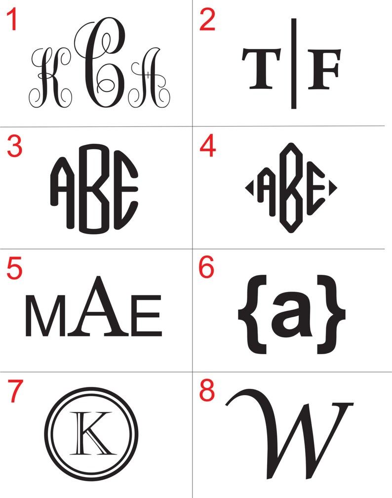 Może przedstawiać: Siatka ośmiu czarnych wzor&oacute;w monogram&oacute;w. Wzory obejmują stylizowane litery, takie jak "KCA", "T|F", "ABE", "MAE", "{a}", "K" w okręgu i "W". Każdy wz&oacute;r znajduje się na białym tle.