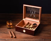 Cigar Humidor Gift Set, Personalized Cigar Box, Custom Wood Humidor, Folding Wooden Ashtray, Black Cigar Lighter, Glass Top Humidor for Him