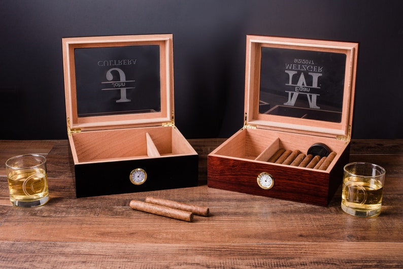 Gravur Humidor, ZigarrenFeuerzeug, Zigarrenfeuerzeug, Personalisierter Zigarren Humidor, Personalisierter Aschenbecher, Benutzerdefiniertes Humidor Geschenkset für Ihn, Zigarrenbox leer, Schwarz Bild 8