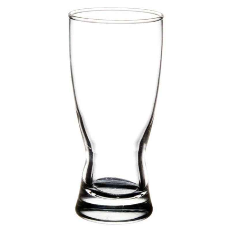 May include: A clear, empty pilsner glass with a slightly flared top and a rounded base. The glass has a slender, curved shape, designed to enhance the beer-drinking experience. The glass is made of transparent glass.