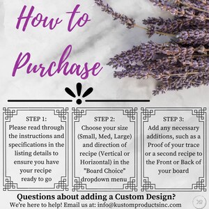 Pode incluir: Gr&aacute;fico com instru&ccedil;&otilde;es sobre como comprar um produto personalizado. O texto diz "How to Purchase" em script roxo. As etapas incluem a escolha do tamanho e a adi&ccedil;&atilde;o de detalhes. Ramos de lavanda no fundo.